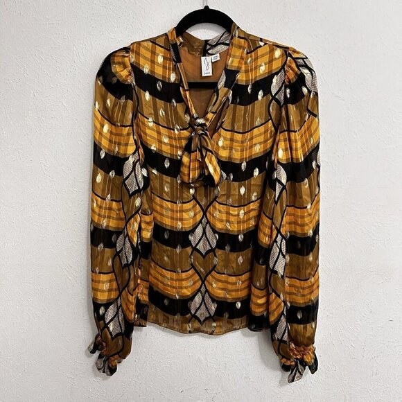 Joie Women's Ruffle Tie Neck Long Puffy Sleeve Blouse Gold/Brown Metallic Size M - Picture 1 of 14